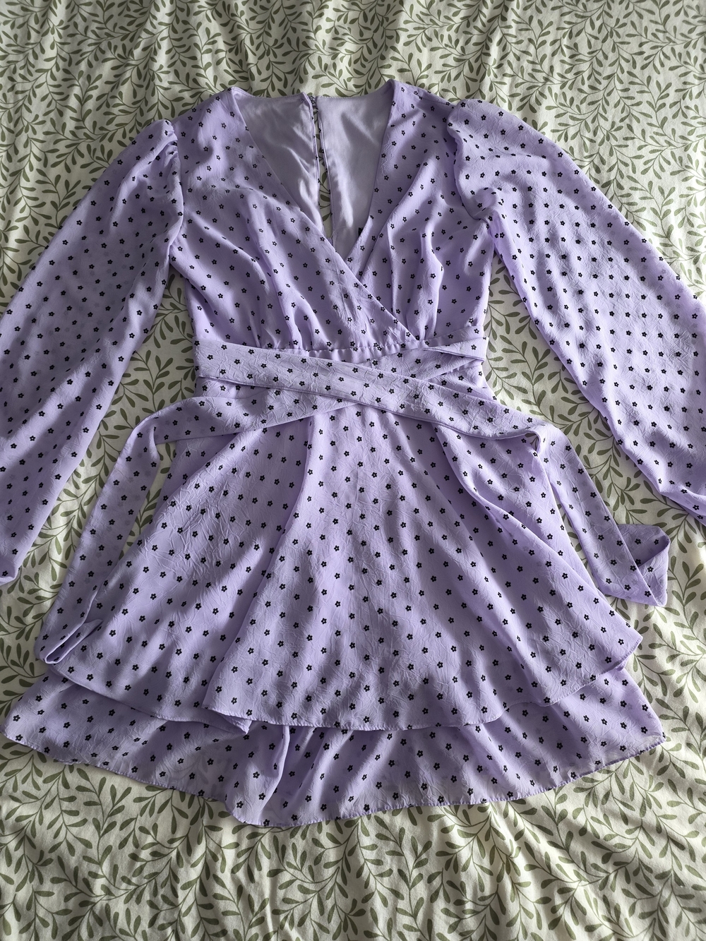 B Darlin Lavender Wrap Dress with Black Floral Print